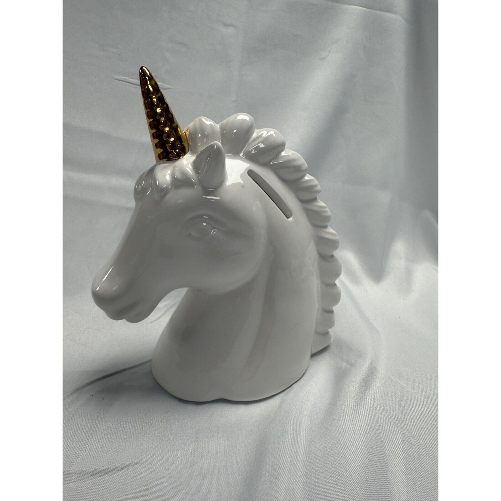 White Ceramic Unicorn Piggy Bank With A Gold Horn‎ 7" Tall Fantasy Mystical